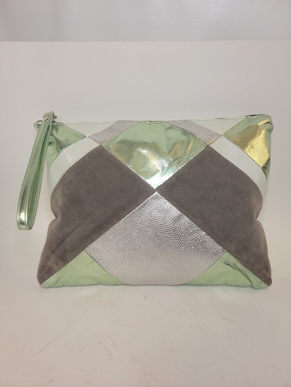 Topshop Metallic Mint Silver & Grey Patchwork Wristlet Clutch